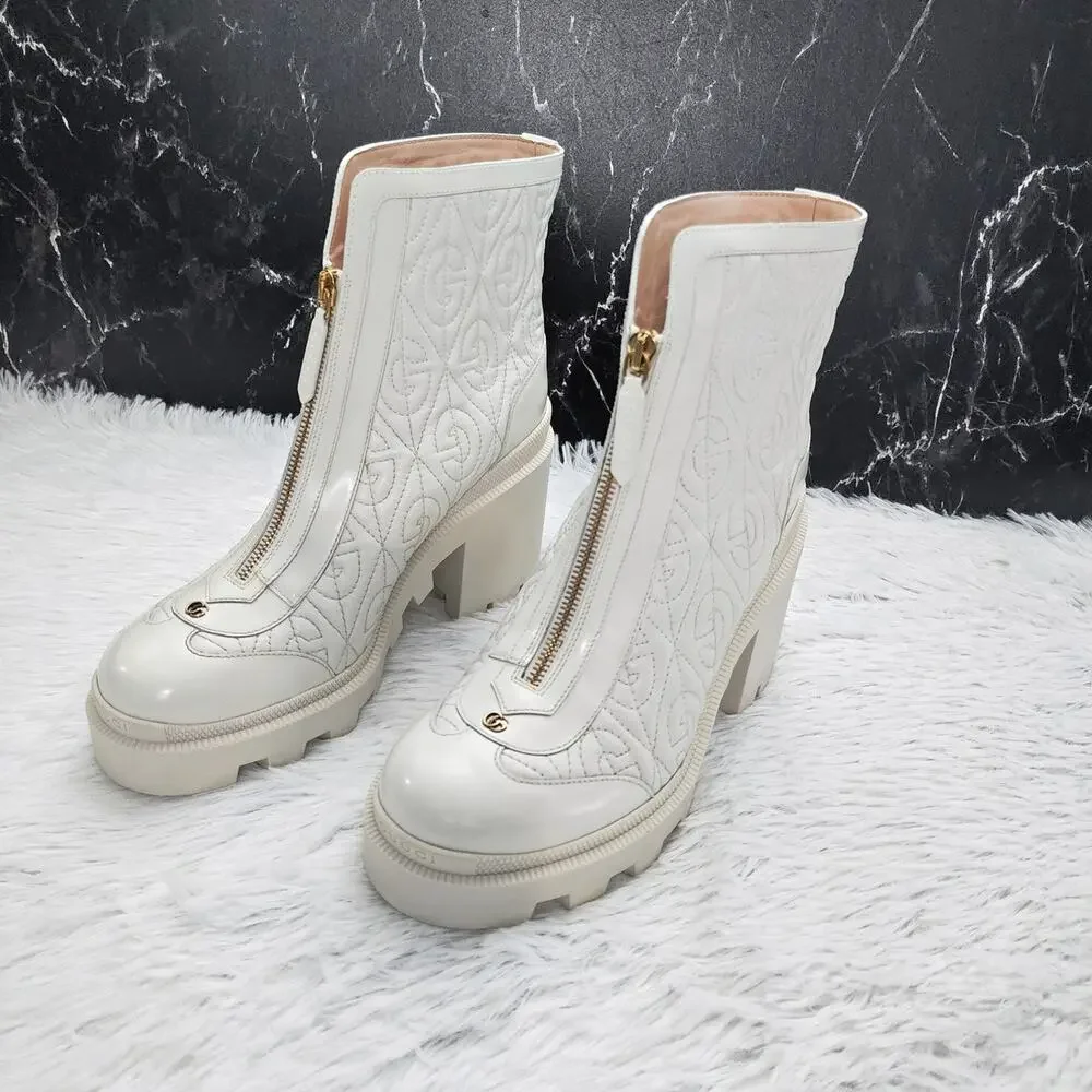 Gucci Calfskin G Rhombus Quilted Ankle Boots White 39.5G | 9.5 US - Picture 3 of 16